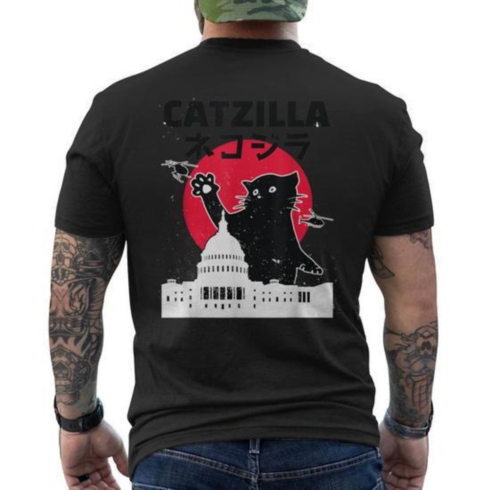 Catzilla Japanese Cat Lover Kitten Retro Sunset T Shirt Back Print